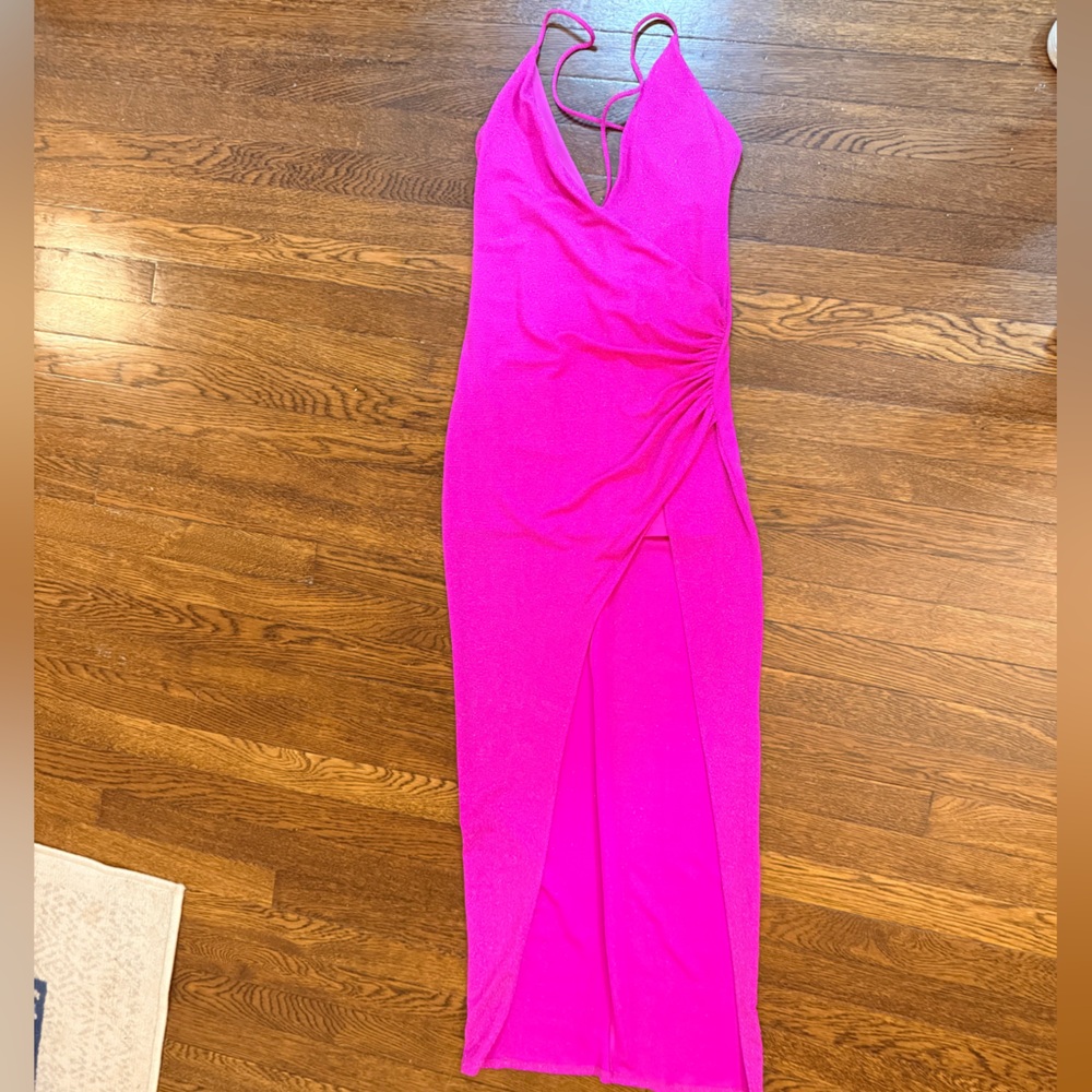 NBD Hot Pink Glitter Maxi Dress with High Leg Slit - Picture 3 of 12
